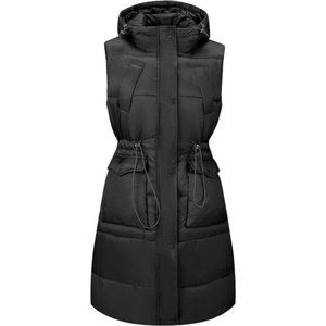 Women Long Loose Puffer Vest Quilted Hooded Spring  Fall Oversized Thermal Gilet